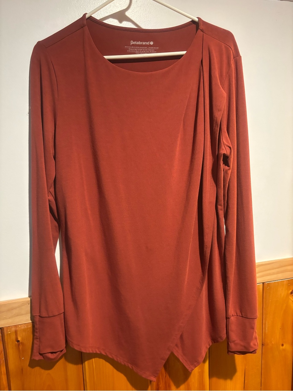 Betabrand Women's Rust-Red Long Sleeve Draped Asymmetrical Tee